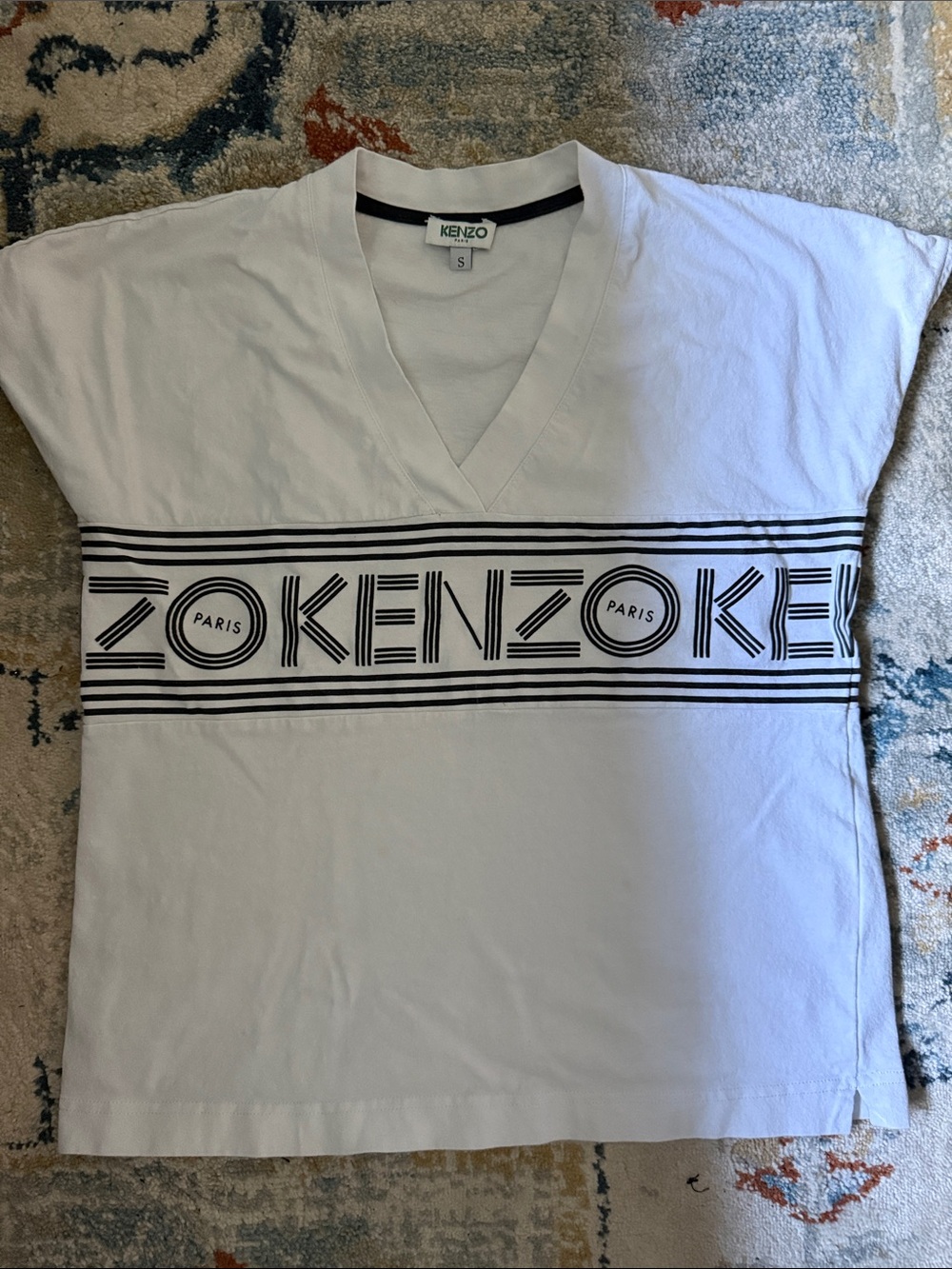 Kenzo White Short Sleeve Tee with Black Logo Stripe